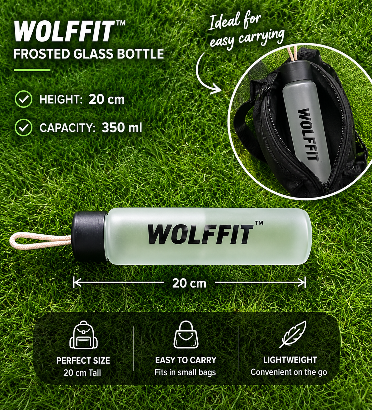WOLFFIT Frosted Glass Bottle – 350ML