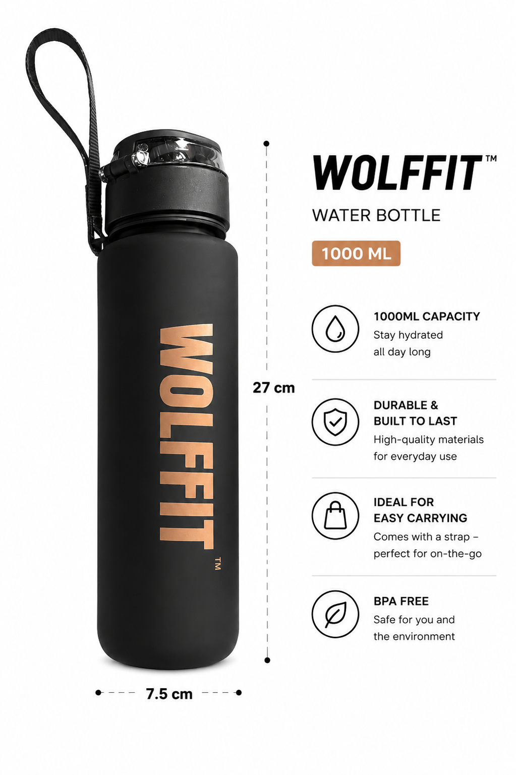 WOLFFIT 1 Litre Water Bottle – BPA Free