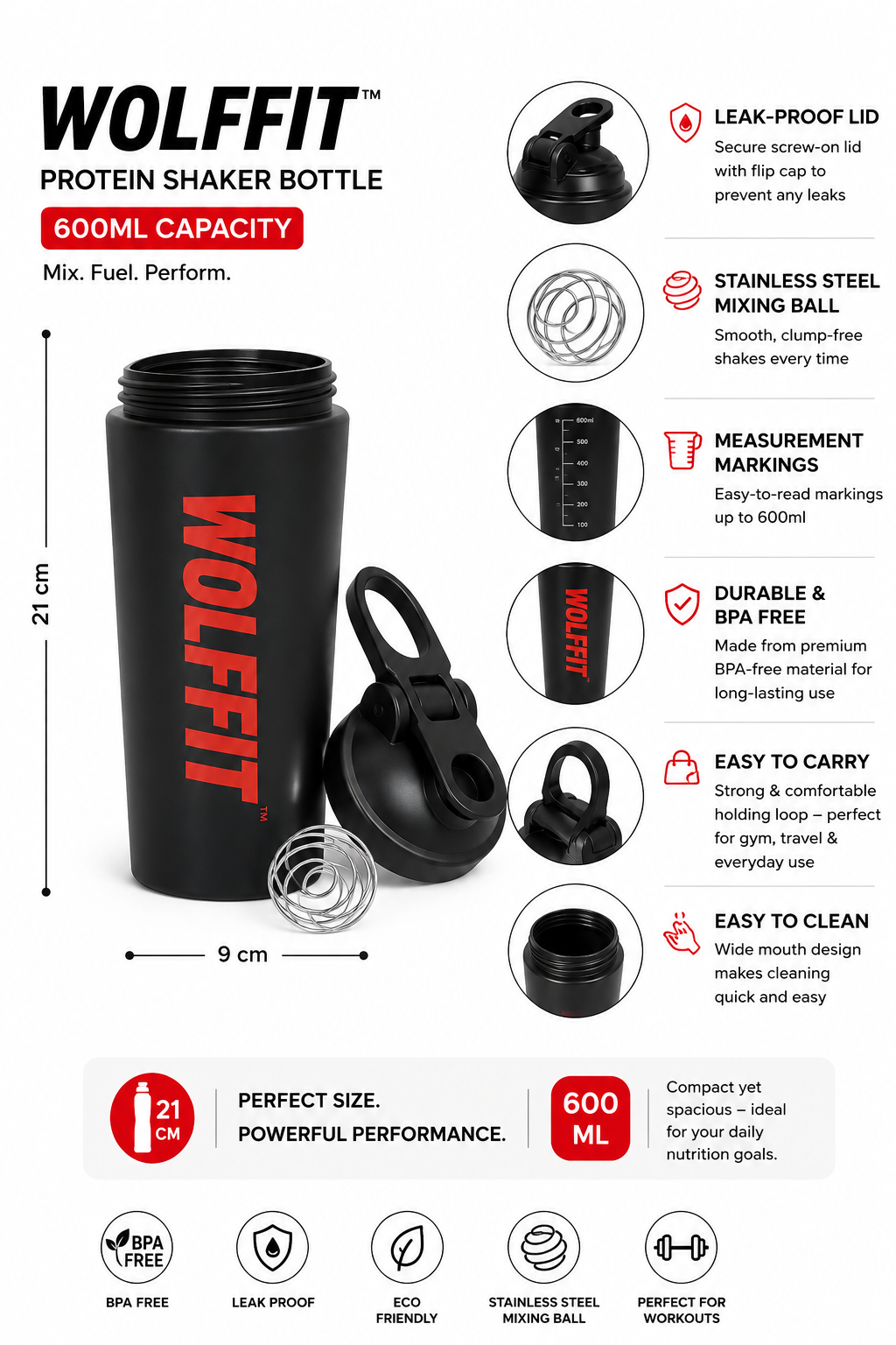 WOLFFIT 600ML Protein Shaker Bottle