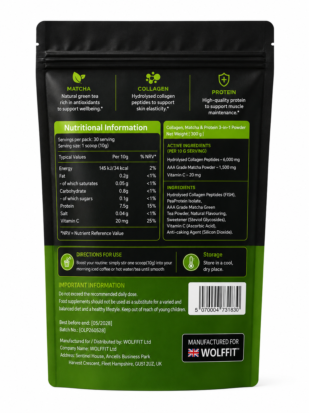 WOLFFIT Matcha Collagen Protein- Beauty•Strength•Wellness