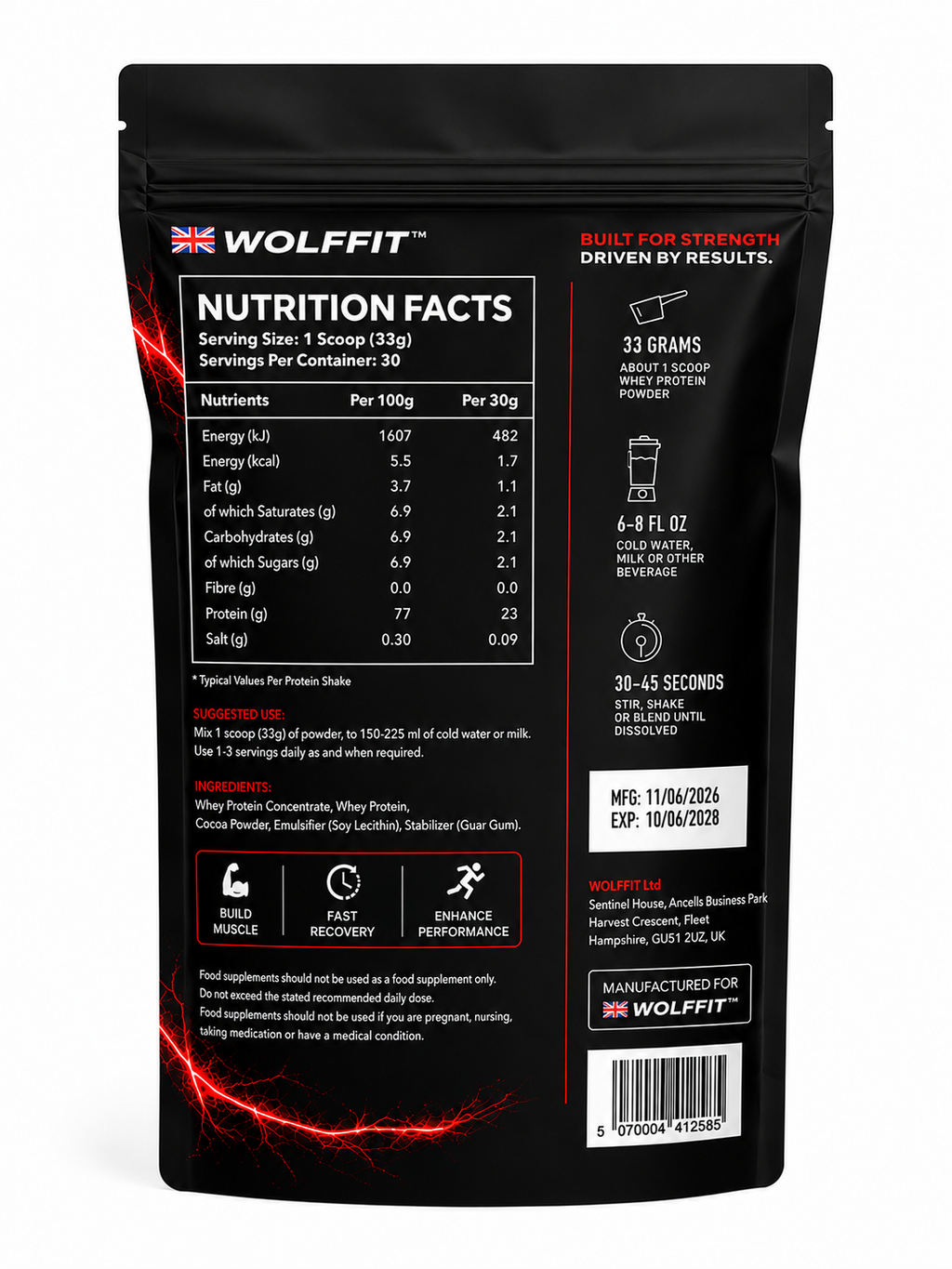 WOLFFIT 100% Whey Protein Chocolate 1kg | 23g Protein Per Serving