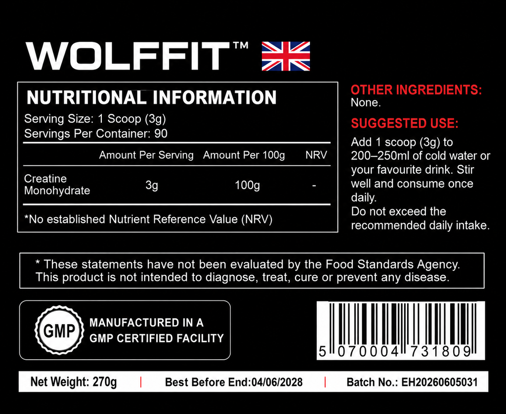 WOLFFIT Creatine Monohydrate Powder 270g – Unflavoured | 90 Servings