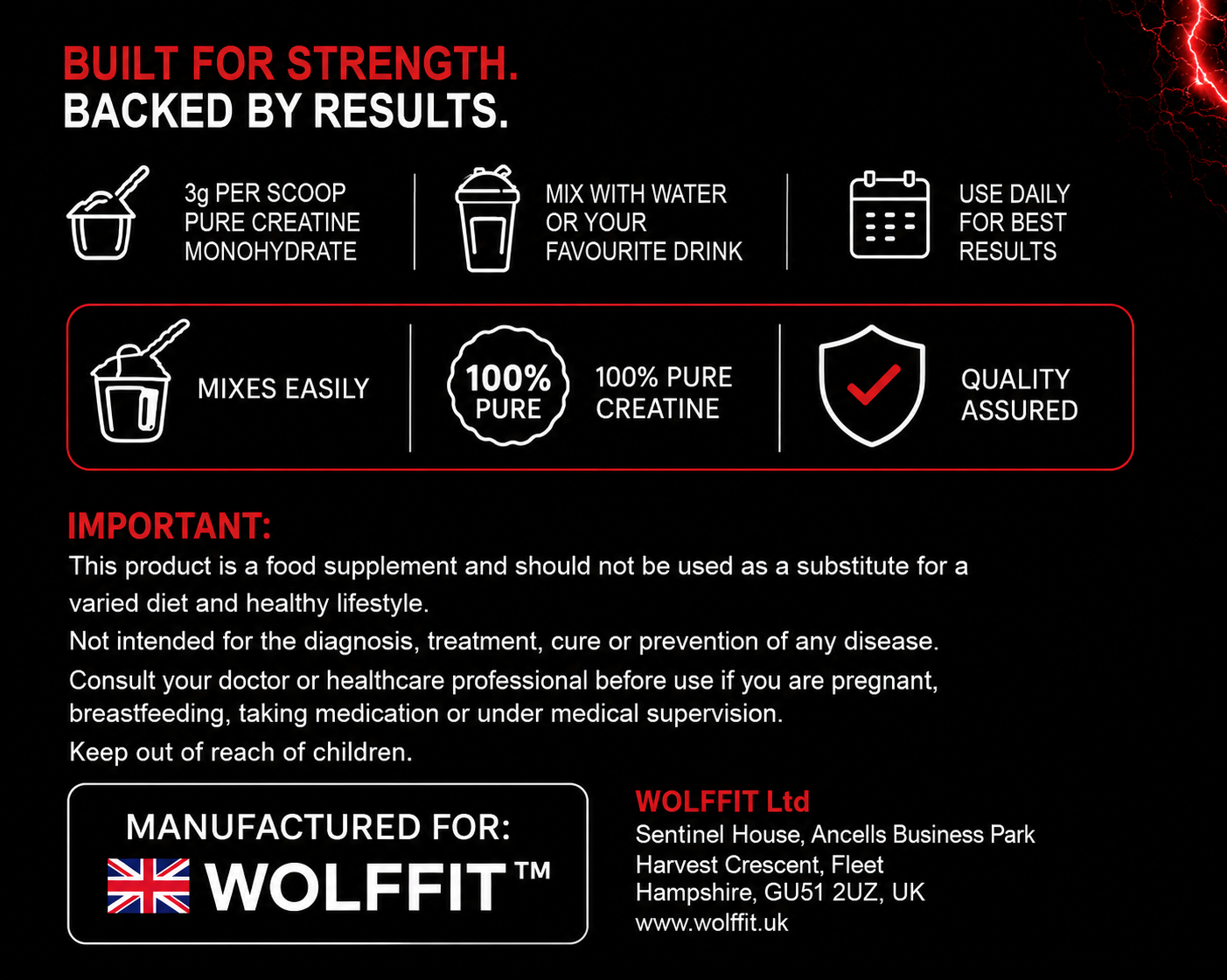 WOLFFIT Creatine Monohydrate Powder 270g – Unflavoured | 90 Servings