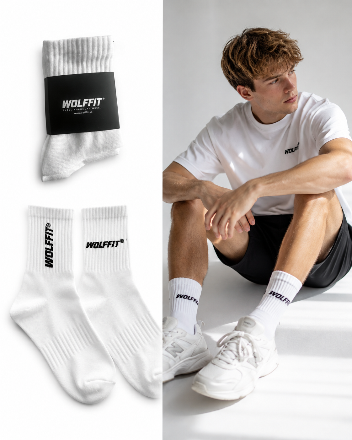 WOLFFIT® Premium Crew Gym Socks – 2 Pair Pack | White | 2 Designs