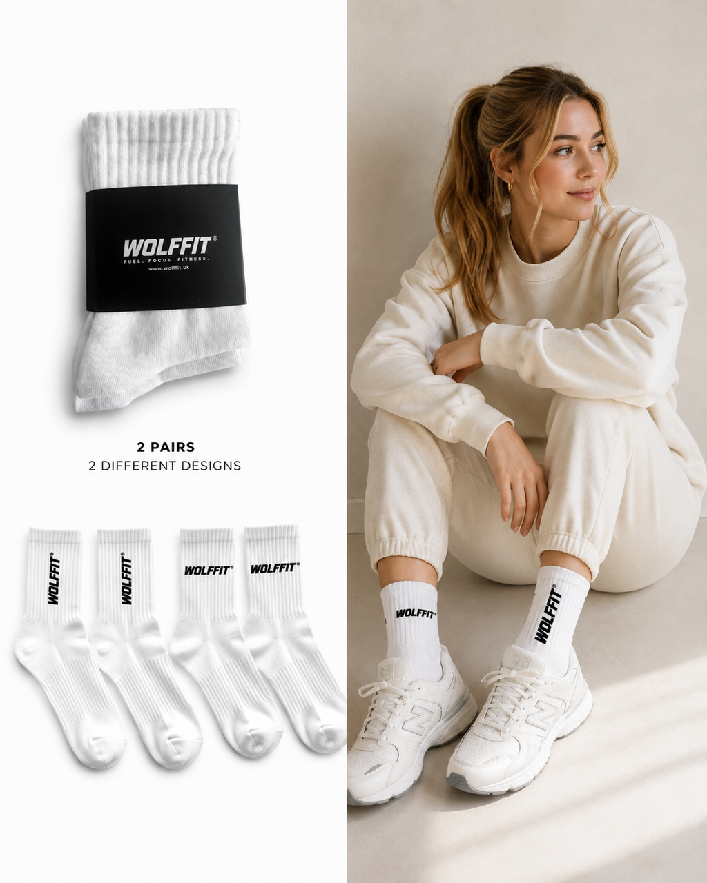 WOLFFIT® Premium Crew Gym Socks – 2 Pair Pack | White | 2 Designs